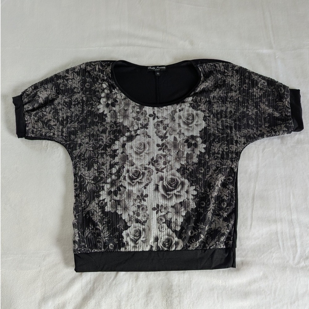 Simply Irresistible Petite Black Rose Print Dolman Sleeve Mesh Top Women's Sz M
